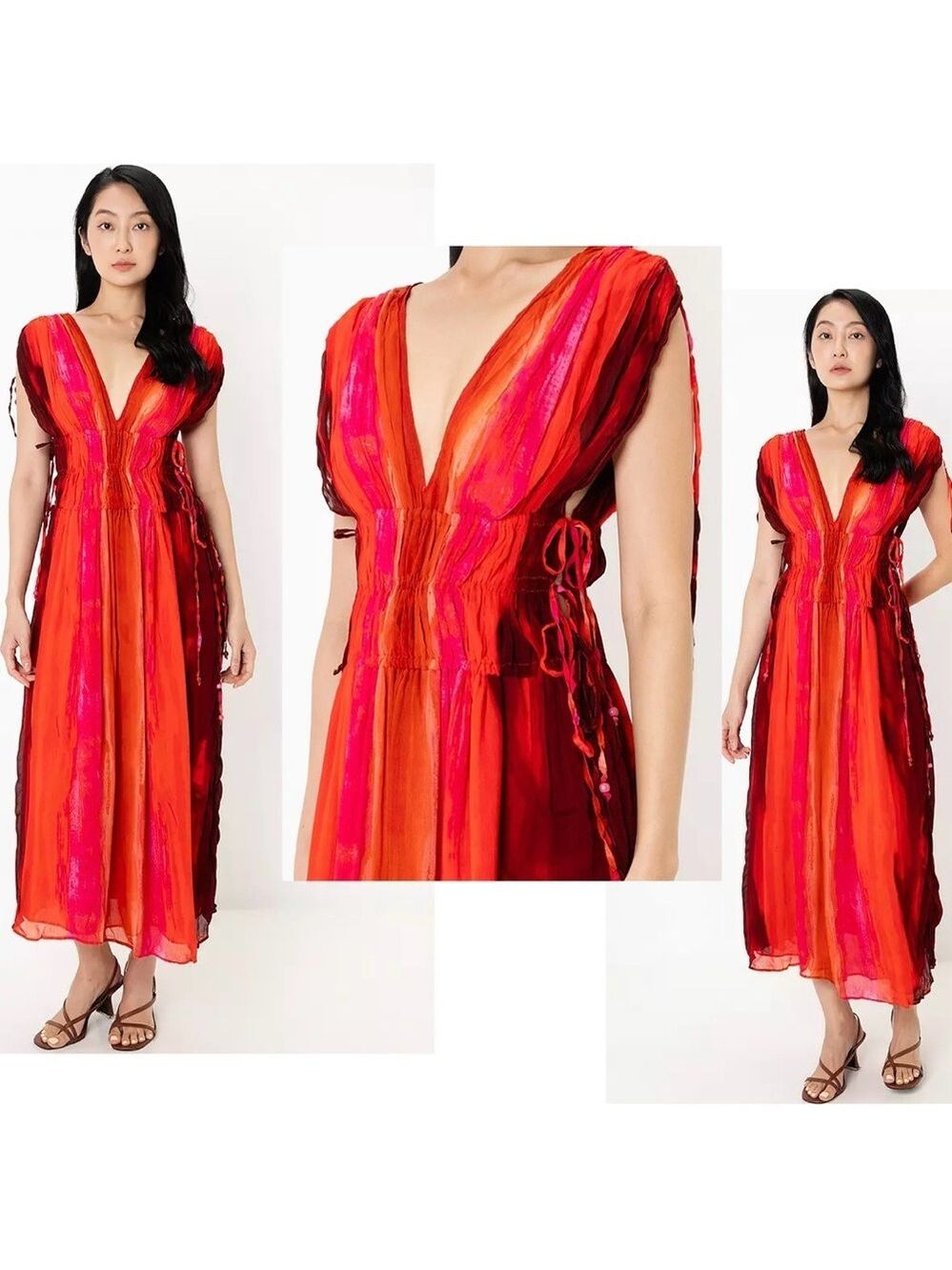 Zara red pink tie-dye BoHo V-neck midi dress Sz M tropical beach vacation NWOT - Picture 3 of 16